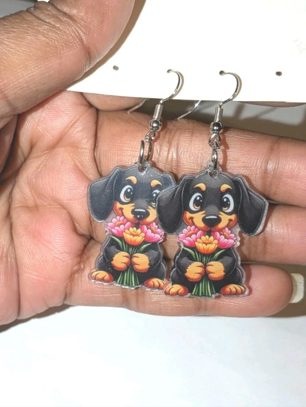 Hand Crafted Women's/Girls Cute Black Dachshund Earrings with Pink Flowers